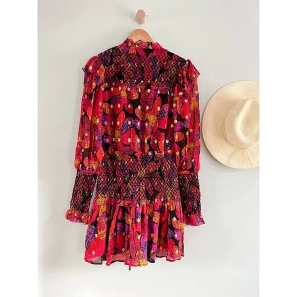 Farm Rio | NWT Heart Daisy Smocked Mini Dress Floral Long Sleeve | Sz XS - Picture 9 of 12